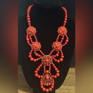 LESLIE DANZIE Red & Gold Beaded Chandelier Statement Necklace